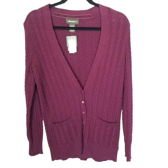 Eddie Bauer Womens Burgundy Cable Knit Sweater Cardigan Cashmere Preppy Classic - Picture 1 of 7